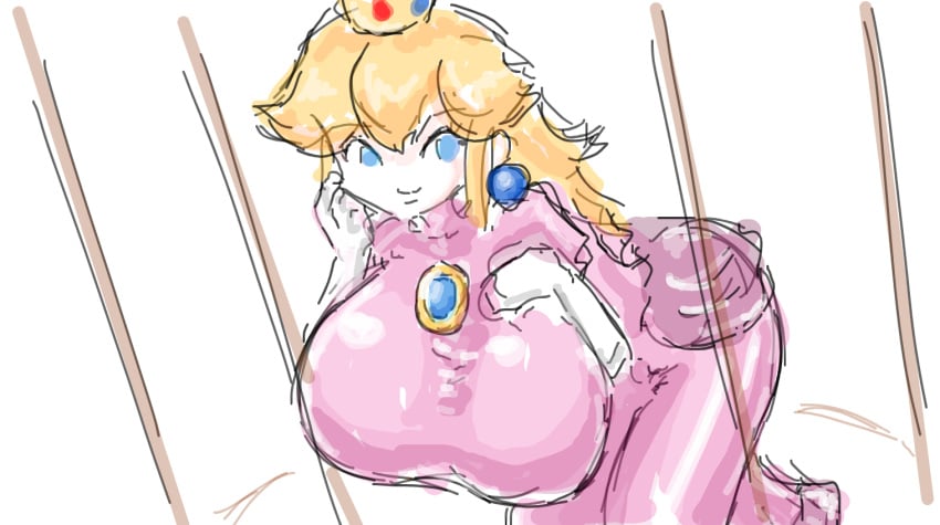 1girls big_breasts blonde_hair blue_eyes breasts busty cage dress female female_only gloves hand_on_own_chest hanging_breasts highres kneeling large_breasts leaning_forward long_hair looking_at_viewer mario_(series) nintendo oekaki pose posing princess princess_peach sensual smile solo voluptuous