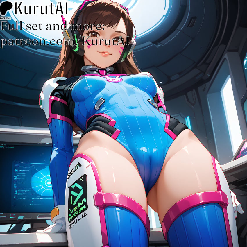 1girls ai_generated artist_name artist_signature bangs blizzard_entertainment bodysuit breasts brown_eyes brown_hair cowboy_shot d.va d.va_\(overwatch\) gloves hi_res high_resolution highres kurutai long_hair looking_at_viewer medium_breasts overwatch overwatch_2 patreon smile solo thighhighs uncensored