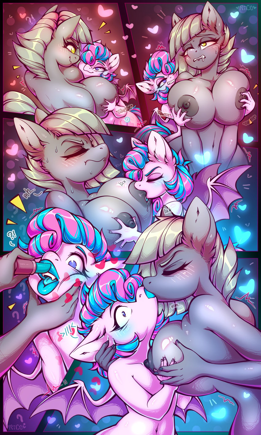 absurd_res anthro applying_lipstick areola bat_pony big_breasts blue_blush blue_hair blue_lips blue_lipstick blush breast_fondling breast_play breasts comic duo earth_pony equid equine fan_character fangs female fondling friendship_is_magic hair hand_on_breast hasbro heart_symbol hi_res horse kissing limestone_pie_(mlp) lips lipstick makeup male male/female mammal membrane_(anatomy) membranous_wings multicolored_hair my_little_pony nipple_fetish nipple_play nipple_suck nipples pink_body pink_hair pony rico_chan size_difference smaller_male sucking sweetie_swirl_(twilybutt) teeth two_tone_hair wings