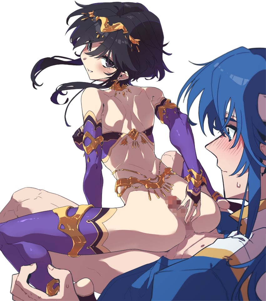 1boy anklet arabian_clothes armlet ass assertive_female back bare_shoulders belly_chain black_hair blue_hair blush bracelet breasts buttjob censored choker circlet commission commissioner_upload covered_nipples cowgirl_position dancer earrings female fingerless_gloves fire_emblem fire_emblem:_genealogy_of_the_holy_war from_behind gloves grinding headband highres jewelry larcei_(fire_emblem) legs looking_at_viewer looking_back no_panties no_pants penis penis_on_ass seliph_(fire_emblem) sex shiratama_(siratama5656) short_hair sidelocks skeb_commission smile smug spread_legs star_(symbol) straddling straight sweatdrop thighhighs thighlet thighs white_background white_headband