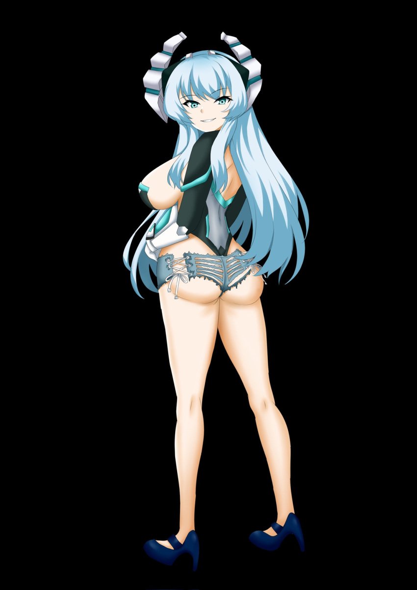 1girls ass big_ass big_breasts blue_eyes blue_hair breasts busty denim denim_shorts feet female female_only gloves grin high_heels highres kiseijou_rei large_breasts leotard long_hair looking_at_viewer looking_back neptunia_(series) pose posing sensual short_shorts shorts sideboob smile solo thong_leotard torn_clothes torn_shorts very_long_hair voluptuous