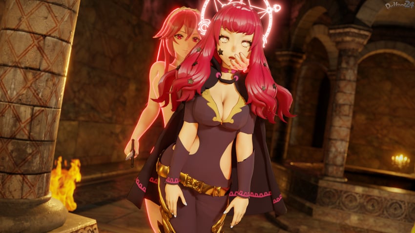 2girls 3d alternate_eye_color alternate_hair_color assassin aura bangs black_bodysuit blunt_bangs bodysuit boots brand_of_the_exalt breasts cape caress caressing_face choker cleavage completely_nude confrontation corruption defeated dochaunt24 draining duo facial_mark facial_tattoo female female_only fire fire_emblem fire_emblem_engage futanari glowing grabbing_from_behind hair_between_eyes hair_ornament hand_on_another's_face holding holding_knife indoors instant_loss ivy_(fire_emblem) knife long_hair lucina_(fire_emblem) magic magic_circle medium_breasts mind_control multiple_girls nintendo nude nude_female open_mouth pillar pink_choker pink_eyes princess red_aura red_eyes red_hair rolling_eyes royalty short_sleeves side_slit slave small_breasts smile standing star star_(symbol) star_hair_ornament stomach symbol-shaped_pupils tattoo textless_version thigh_boots tiara torch tricked villainess weapon yunaka_(fire_emblem) yuri