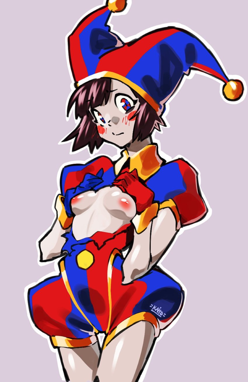 1girls areolae belly belly_button blue_eyes blue_eyes_female breasts brown_eyebrows brown_hair brown_hair_female cleavage clown clown_costume clown_girl dot_nose female female_focus female_only fingers high_resolution highres kaitodile lean_body lean_figure legs looking_at_viewer midriff narrow_waist navel nipples petite petite_body petite_breasts petite_female petite_girl petite_tits pomni_(the_amazing_digital_circus) red_eyes red_eyes_female short_hair shoulders simple_background slender_body slender_waist slim_girl slim_waist small_breasts solo standing the_amazing_digital_circus thighs thin_waist uncensored uncensored_breasts uncensored_nipples upper_body