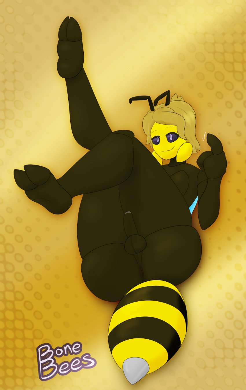 2025 2_toes 3_fingers adrian_(bonebees) antennae_(anatomy) anthro anus arthropod artist_name ass balls beckoning bedroom_eyes bee big_butt blonde_hair bonebees brown_body digital_drawing_(artwork) digital_media_(artwork) exoskeleton feet femboy fingers genitals gesture hair hi_res hymenopteran insect_wings insects knock-kneed legs_up looking_at_viewer lying male mandibles narrowed_eyes on_back penis perineum pinup pose seductive smile solo stinger stripes text thick_thighs thorax toes wings yellow_face