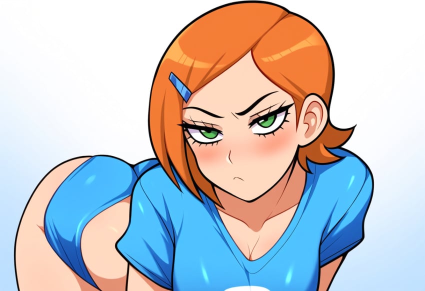 1girls aged_up ai_generated alternate_breast_size ben_10 big_breasts cartoon_network female female_only frown green_eyes gwen_tennyson high-angle_view large_breasts looking_at_viewer mullon novelai orange_hair solo thick_thighs