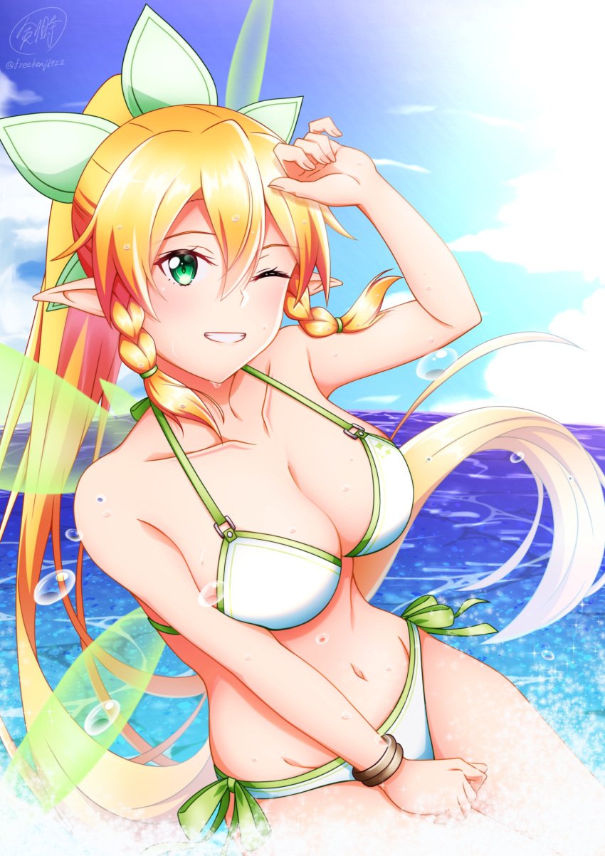 alluring arm_up bare_shoulders big_breasts bikini blonde_hair blue_sky bracelet braid cleavage cloud collarbone commentary_request cowboy_shot day elf energy_wings fairy fairy_wings female green_eyes green_wings grin groin hair_between_eyes high_res jewelry ken-ji leafa long_hair looking_at_viewer multiple_wings navel ocean one_eye_closed outside pointy_ears ponytail side-tie_bikini_bottom sidelocks sky smile standing stomach swimsuit sword_art_online teeth transparent_wings twin_braids very_long_hair water_drop wet white_bikini wings