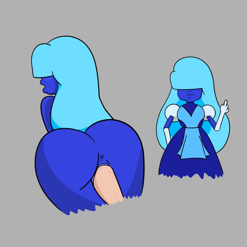 1boy 1boy1girl 1girls artist_request bangs_over_eyes big_ass blue_hair blue_skin blunt_bangs dress elbow_gloves gem_(species) instant_loss_2koma long_hair middle_finger puffy_short_sleeves sapphire_(steven_universe) steven_universe vaginal_penetration