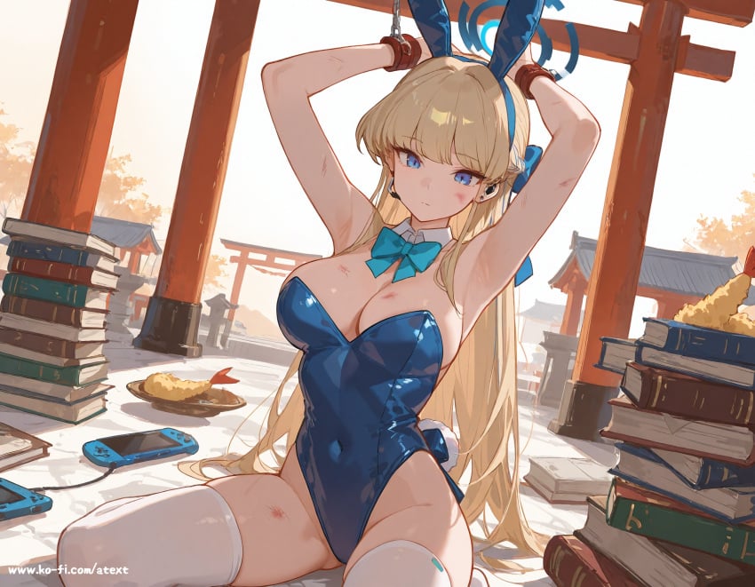 ai_generated armpits blonde_hair blue_archive blue_eyes bondage book_stack breasts bruised bunnysuit disheveled female halo handheld_game_console huge_breasts tempura toki_(blue_archive) toki_(bunny)_(blue_archive) torii