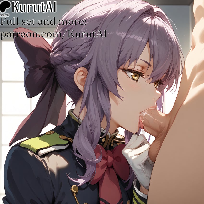 1boy 1girls ai_generated artist_name artist_signature bangs blush bow braid fellatio gloves hi_res high_resolution highres hiiragi_shinoa kurutai long_hair oral owari_no_seraph patreon penis purple_hair seraph_of_the_end shinoa_hiiragi sidelocks solo_focus straight testicles uncensored