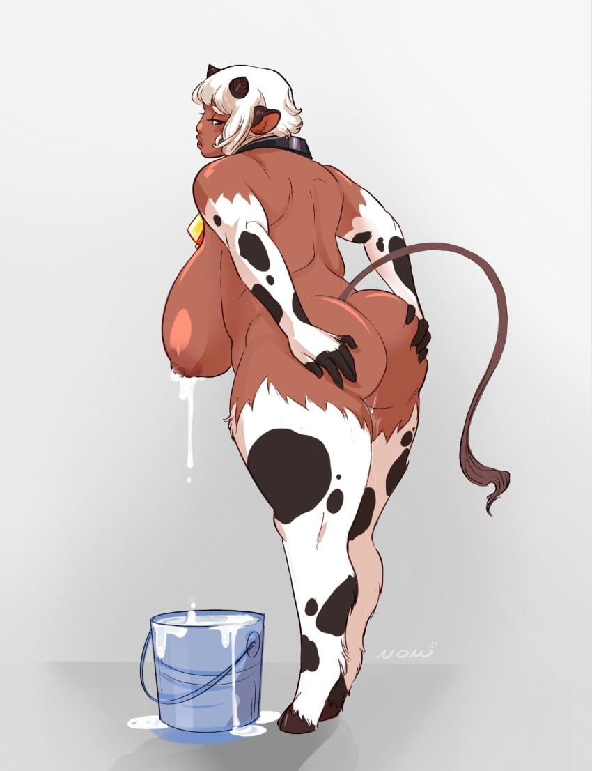 1girls areolae ass_grab big_breasts bucket buff buff_female cloud_meadow cow_ears cow_girl cow_horns cow_print cow_tail dark-skinned_female dark_skin female female_only grabbing_own_ass hi_res holstaurus hooves horns hylonomi lactating lactation looking_back milk_bucket milk_drip monster_girl muscular muscular_female narrowed_eyes nipples nude nude_female rear_view simple_background solo tail thick thick_ass thick_thighs white_hair