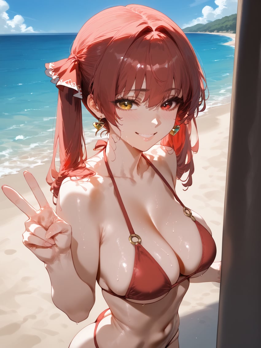 ai_generated bangs bare_shoulders beach bikini blue_sky blush breasts brokewyt cleavage cloud collarbone day earrings female grin hair_between_eyes hair_ribbon halterneck hand_up heart heart_earrings heterochromia hololive hololive_japan houshou_marine jewelry large_breasts long_hair looking_at_viewer navel o-ring o-ring_bikini ocean outdoors parted_lips red_bikini red_eyes red_hair red_ribbon ribbon sand sky smile solo stomach strap_gap string_bikini swimsuit teeth twintails v virtual_youtuber water wet yellow_eyes