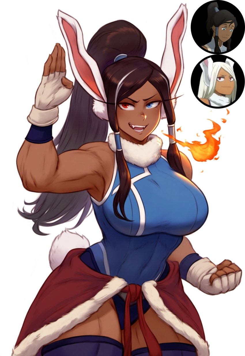 abs ai_generated big_breasts boku_no_hero_academia cleavage fusion fusion_character hairband heterochromia huge_breasts huge_thighs korra krystalizedart miruko muscular muscular_female my_hero_academia rabbit rabbit_ears red_eyes slit_pupils solo solo_female solo_focus the_legend_of_korra thick_thighs thighhighs usagiyama_rumi