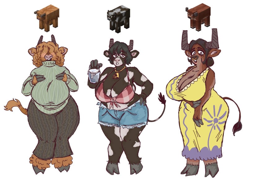 1girls 3girls big_ass big_breasts bikini cold_cow_(minecraft) cow_(minecraft) cow_ears cow_girl cow_horns cow_print cowbell curvy female huge_ass huge_breasts minecraft plain_background septum_piercing short_hair sweater warm_cow_(minecraft) white_background wide_hips