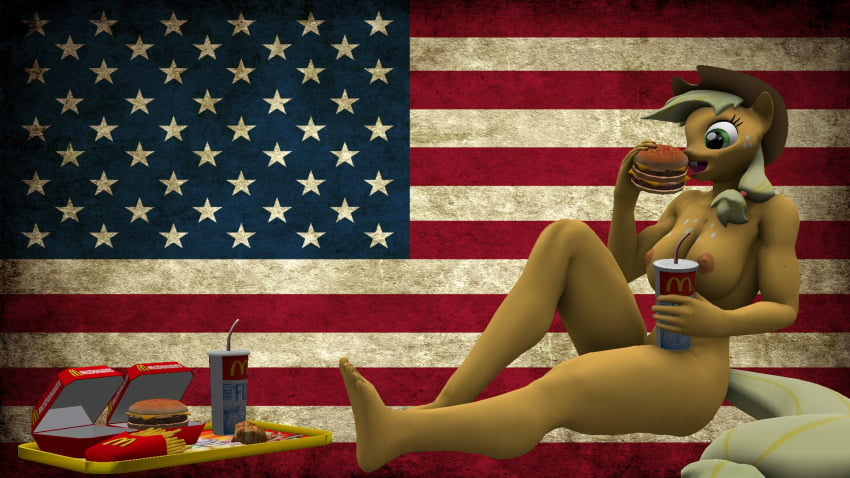 16:9 2014 3d_(artwork) 4th_of_july american_flag anthro anthrofied applejack_(mlp) areola big_breasts breasts burger digital_media_(artwork) earth_pony eating equid equine erect_nipples female flag food friendship_is_magic hasbro hi_res holidays horse mammal mcdonald's my_little_pony nipples pony solo stereotype swedishsnus united_states_of_america widescreen