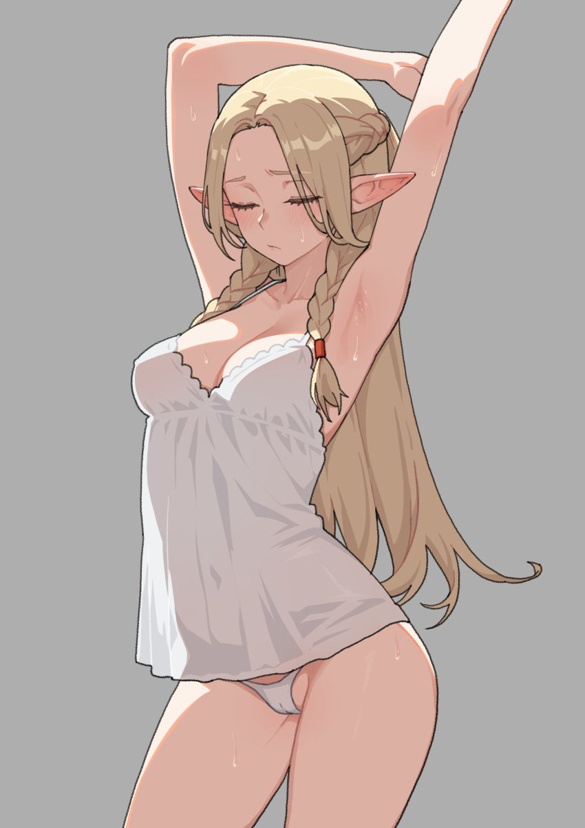 armpits blonde_hair delicious_in_dungeon dungeon_meshi half-elf kuso_otoko marcille_donato nightgown panties tagme white_panties