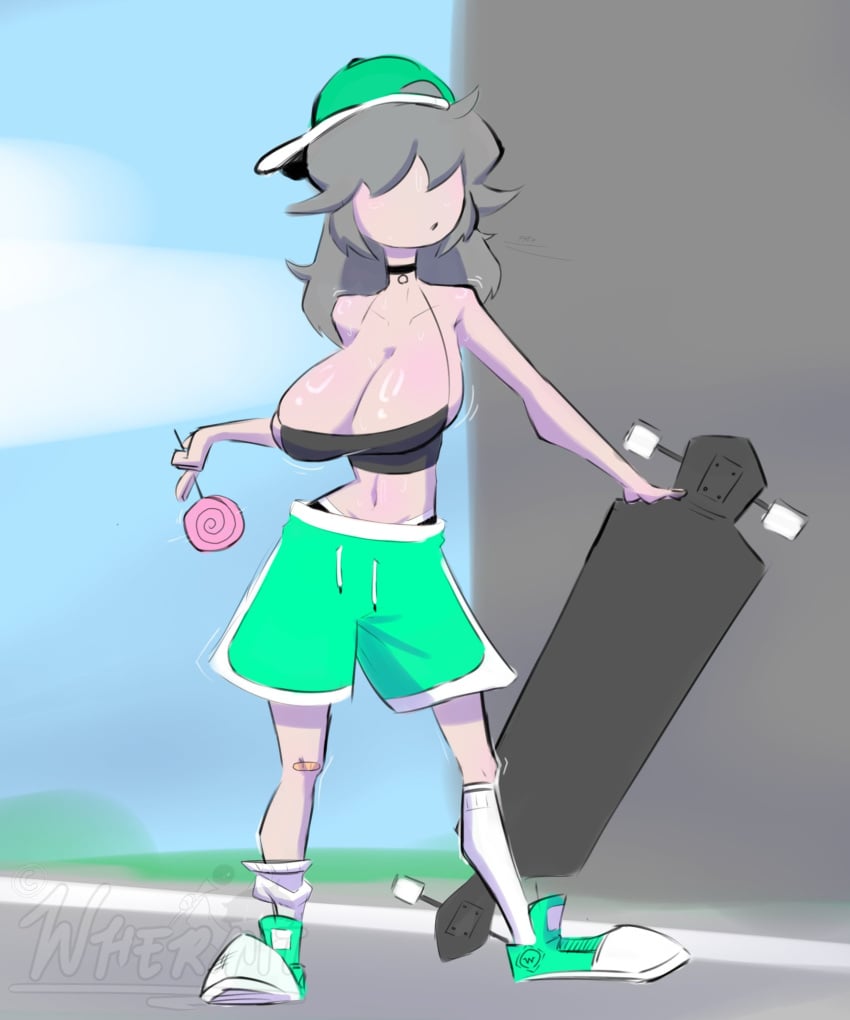 big_breasts hair_covering_eye hair_covering_eyes hat lolipop skateboard skater skater_girl tomboy whermit