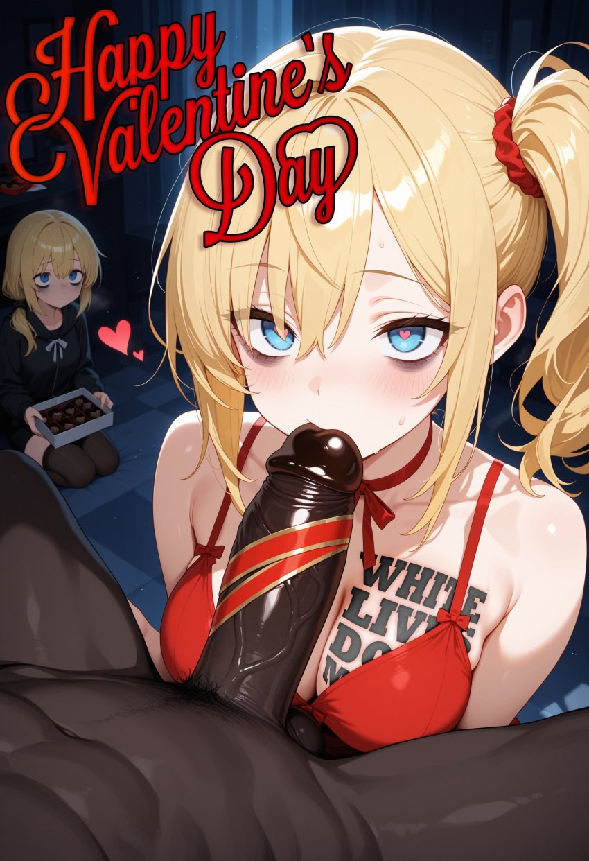 1boy 1girls ai_generated big_penis blonde_hair braindeadbetaboi dark-skinned_male dark_skin english_text fellatio female heart-shaped_pupils interracial looking_at_viewer male text valentine&#039;s_day