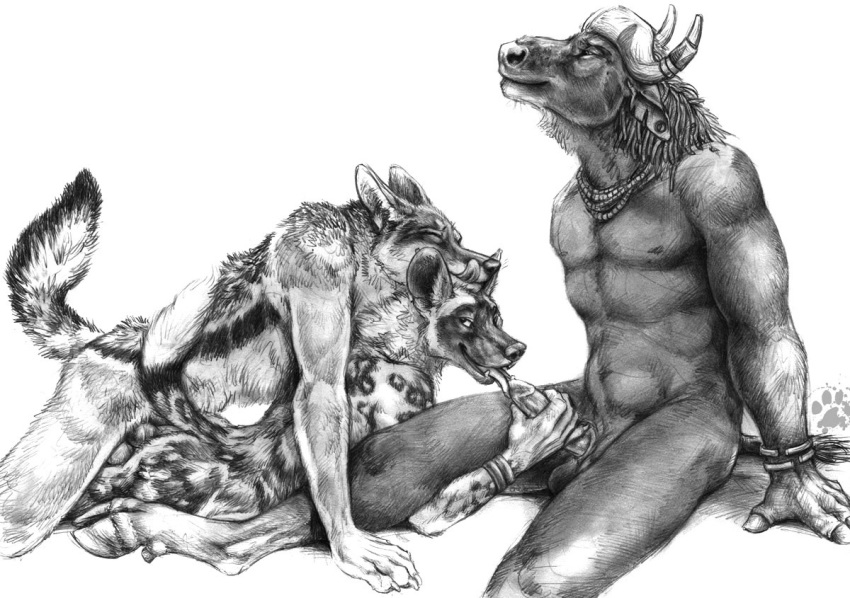 anal anal_sex anthro ass balls blotch bovine buffalo canine closed_eyes cum cum_inside erection fellatio from_behind gangbang hair horn jackal male mammal nipples nude oral oral_sex penetration penis sex smile tongue tongue_out tribal western_art wild_dog yaoi