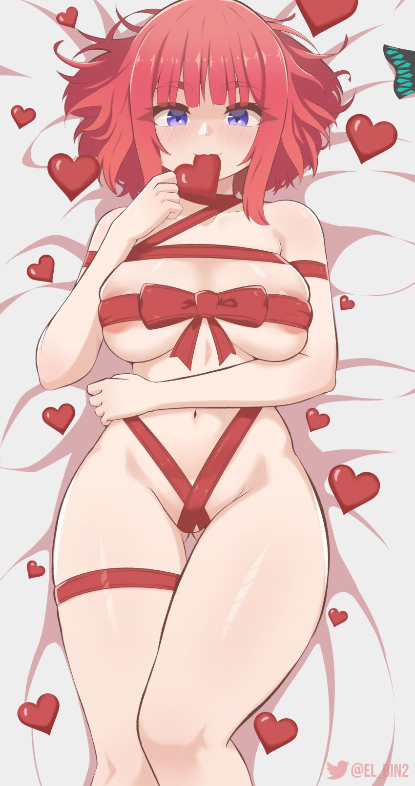 absurdres areola_slip bed bed_sheet biting blue_eyes bound breasts candy chocolate convenient_censoring covering_nipples covering_privates dakimakura_(medium) el_bin female food go-toubun_no_hanayome hair_ornament heart heart-shaped_chocolate heart-shaped_food highres looking_at_viewer nakano_nino navel nude red_hair ribbon ribbon_bondage short_hair solo twitter_username