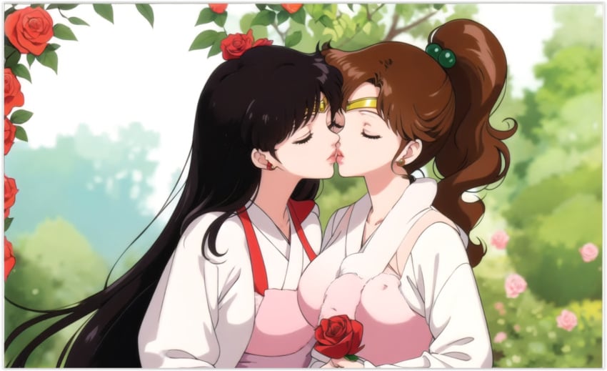 2girls ai_generated flirting girl_on_girl kissing lesbian_couple lesbian_kiss lovers makoto_kino rei_hino sailor_jupiter sailor_mars yuri yuri