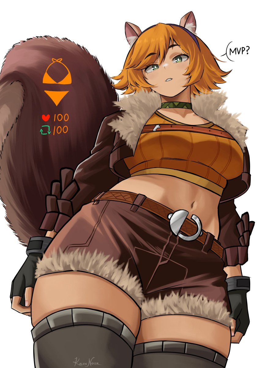 animal_ears belt breasts buckteeth choker chubby doreen_green fluffy_tail fully_clothed gloves green_eyes kalennoir marvel marvel_comics marvel_rivals orange_hair question_mark squirrel_girl_(marvel) squirrel_girl_(marvel_rivals) stomach tail text text_bubble thighhighs thighs tummy