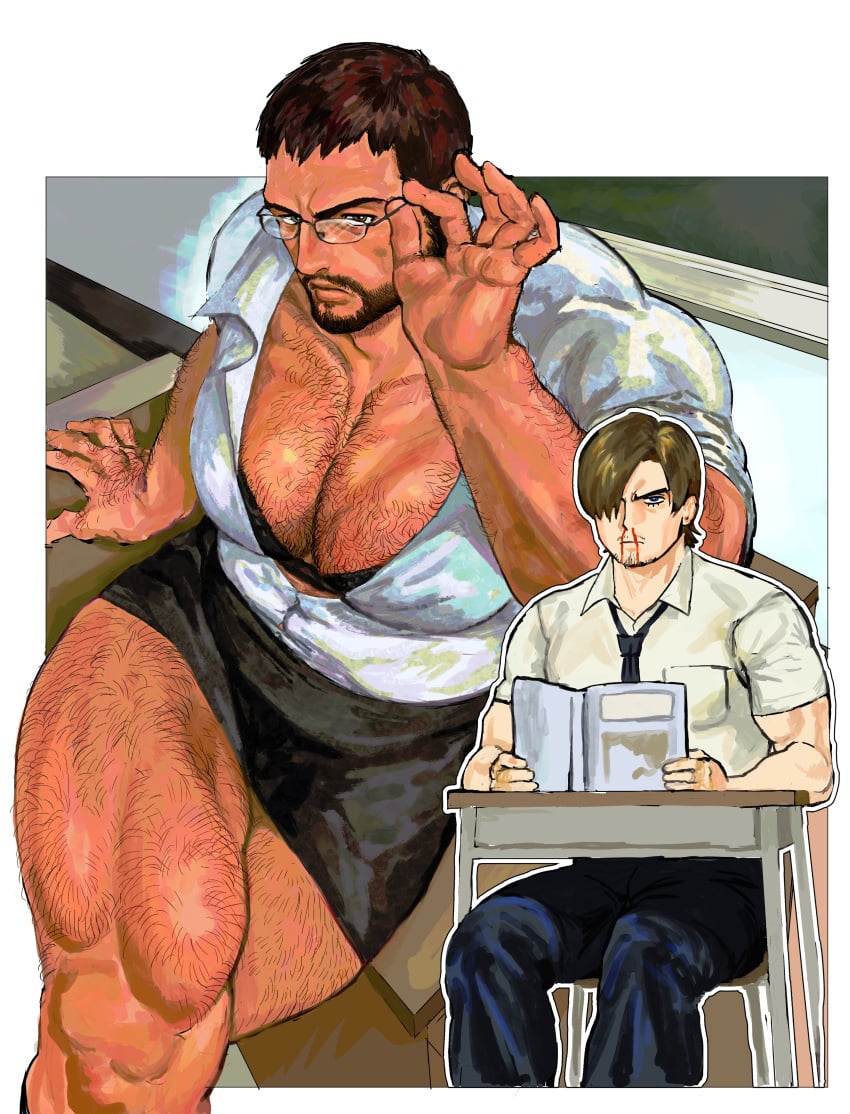 123456dyom 2boys bara black_hair black_skirt blood book brown_hair chest_hair chris_redfield collared_shirt crossdressing crossed_legs facial_hair gay glasses hi_res highres holding holding_book large_pectorals leg_hair leon_scott_kennedy male male_focus male_only miniskirt multiple_boys muscular muscular_arms muscular_male muscular_thighs necktie nosebleed open_book pants pecs pectorals resident_evil resident_evil_6 school_uniform shirt short_hair skirt teacher teacher_and_student thick_thighs thighs white_shirt yaoi