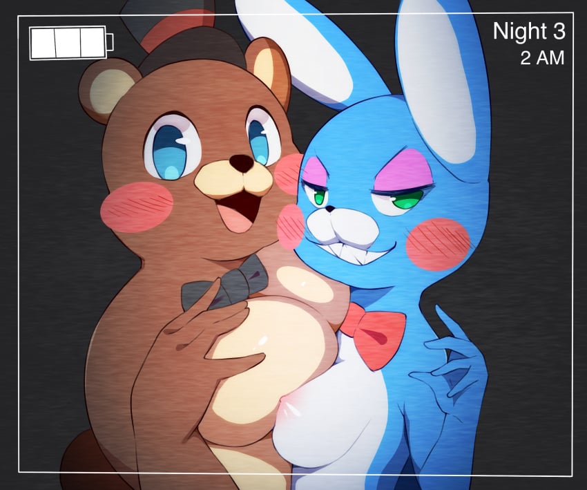 2022 2022s 2girls anthro anthro_female anthrofied bear black_bow_tie black_bowtie blush bow_tie bowtie breasts clothing crossgender digital_media_(artwork) duo eyeshadow female female_anthro female_focus female_only fingers five_nights_at_freddy's five_nights_at_freddy's_2 fnaf fnaf_2 fur furry furry_female genderswap genderswap_(mtf) hand_on_breast hat headgear headwear hi_res lagomorph leporid looking_at_viewer makeup mammal mtf_crossgender nipples nude open_mouth rabbit red_bow_tie red_bowtie rule63 rule_63 scottgames sharp_teeth smile teeth tongue toy_bonnie toy_bonnie_(fnaf) toy_freddy toy_freddy_(fnaf) umisag85rabb99 video_games