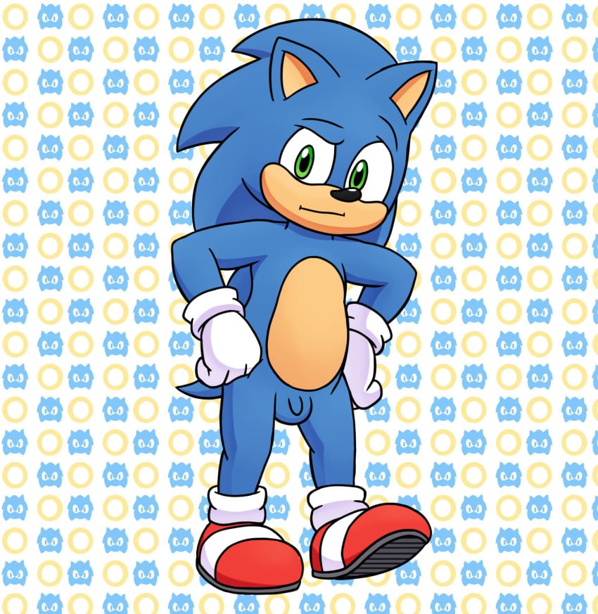 balls black_nose blue_body blue_fur clothing danel eulipotyphlan flaccid footwear foreskin fur genitals gloves green_eyes handwear hedgehog hi_res impatient looking_at_viewer male male_only mammal nude penis sega shoes simple_background small_penis socks solo solo_focus sonic_(series) sonic_the_hedgehog sonic_the_hedgehog_(series)