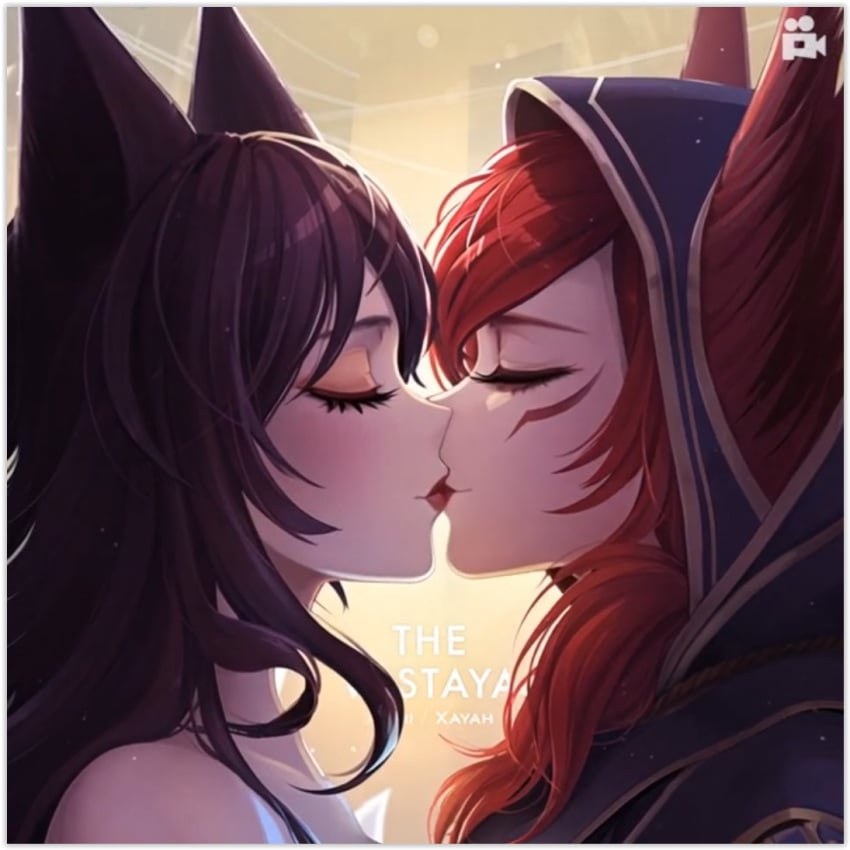 2girls ahri ai_generated black_hair cat_ears flirting girl_on_girl kissing league_of_legends lesbian_couple lesbian_kiss lovers red_hair vastaya xayah yuri