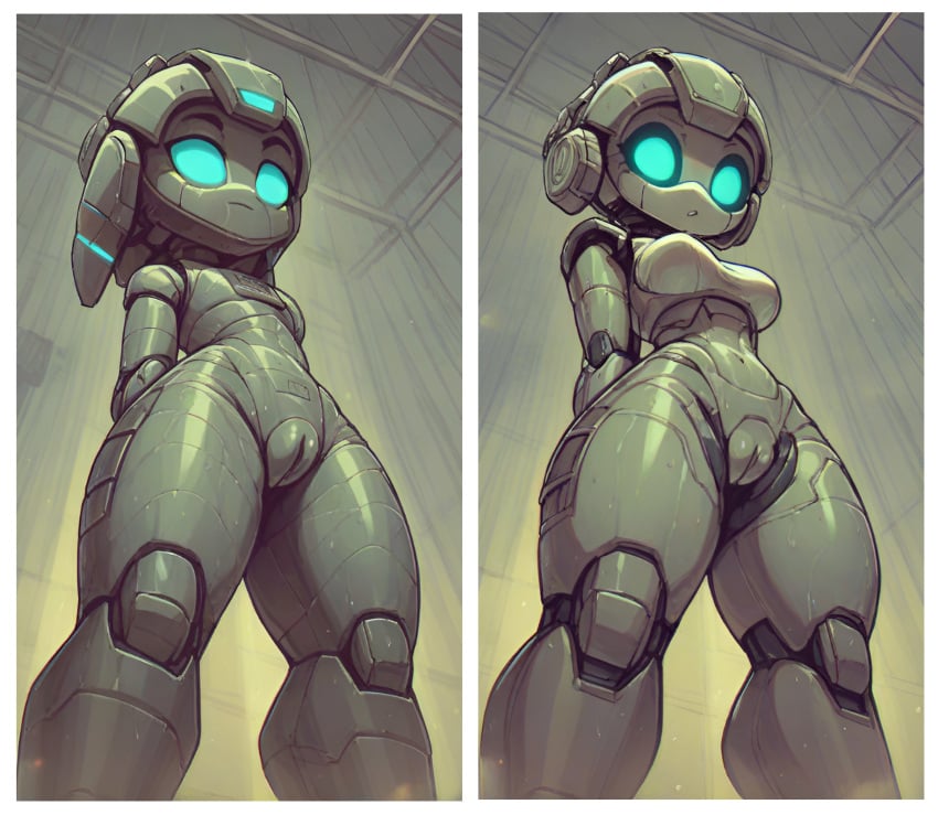 1girls ai_generated arms_behind_back before_and_after breast_expansion breasts female female_only glowing_eyes low-angle_view pussy robot robot_girl robot_humanoid scalieton self_upload surprised thick_thighs