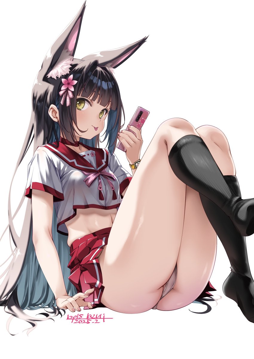 absurdres alternate_hairstyle animal_ears ass ass_visible_through_thighs azur_lane black_hair black_socks breasts choker closed_mouth colored_inner_hair crop_top crop_top_overhang extra_ears female flower fox_ears hair_flower hair_ornament hand_up highres holding holding_phone huge_thighs kneehighs large_ass legs_up long_hair looking_at_viewer midriff miniskirt multicolored_hair nagato_(azur_lane) navel neckerchief no_shoes panties phone pleated_skirt red_choker red_sailor_collar red_skirt sailor_collar school_uniform serafuku shirt short_sleeves simple_background sitting skirt small_breasts smile socks solo stomach thick_thighs thighs tongue tongue_out umyonge_(lkakeu) underwear very_long_hair white_background white_panties white_shirt yellow_eyes