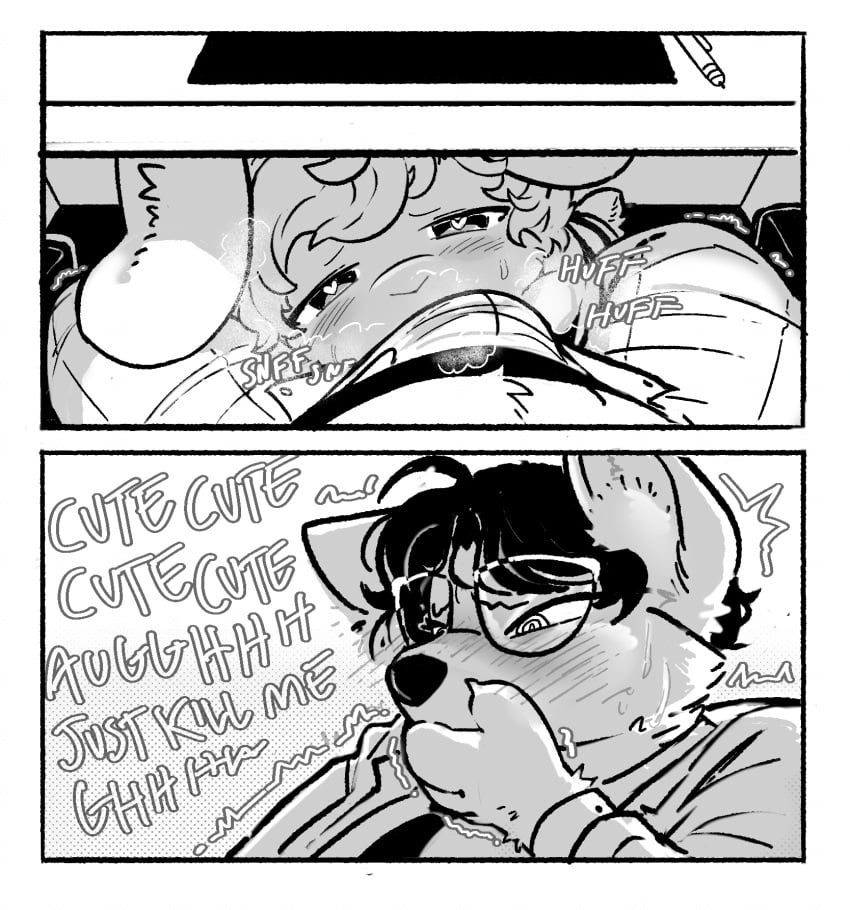 2_panel_comic anthro black_and_white breath bulge canid canine canis claws comic covering covering_mouth domestic_dog duo english_text eyewear floppy_ears flushed genitals glasses head_between_legs heart_eyes heart_symbol hi_res husky inner_ear_fluff l-tech lagomorph lemon_(pawberry) leporid lex_(pawberry) looking_at_another looking_at_viewer male male/male mammal monochrome nordic_sled_dog nuzzling_penis panting pawberry pen penis penis_sniffing pubes rabbit shaking sitting sniffing spitz text trembling tuft under_the_table