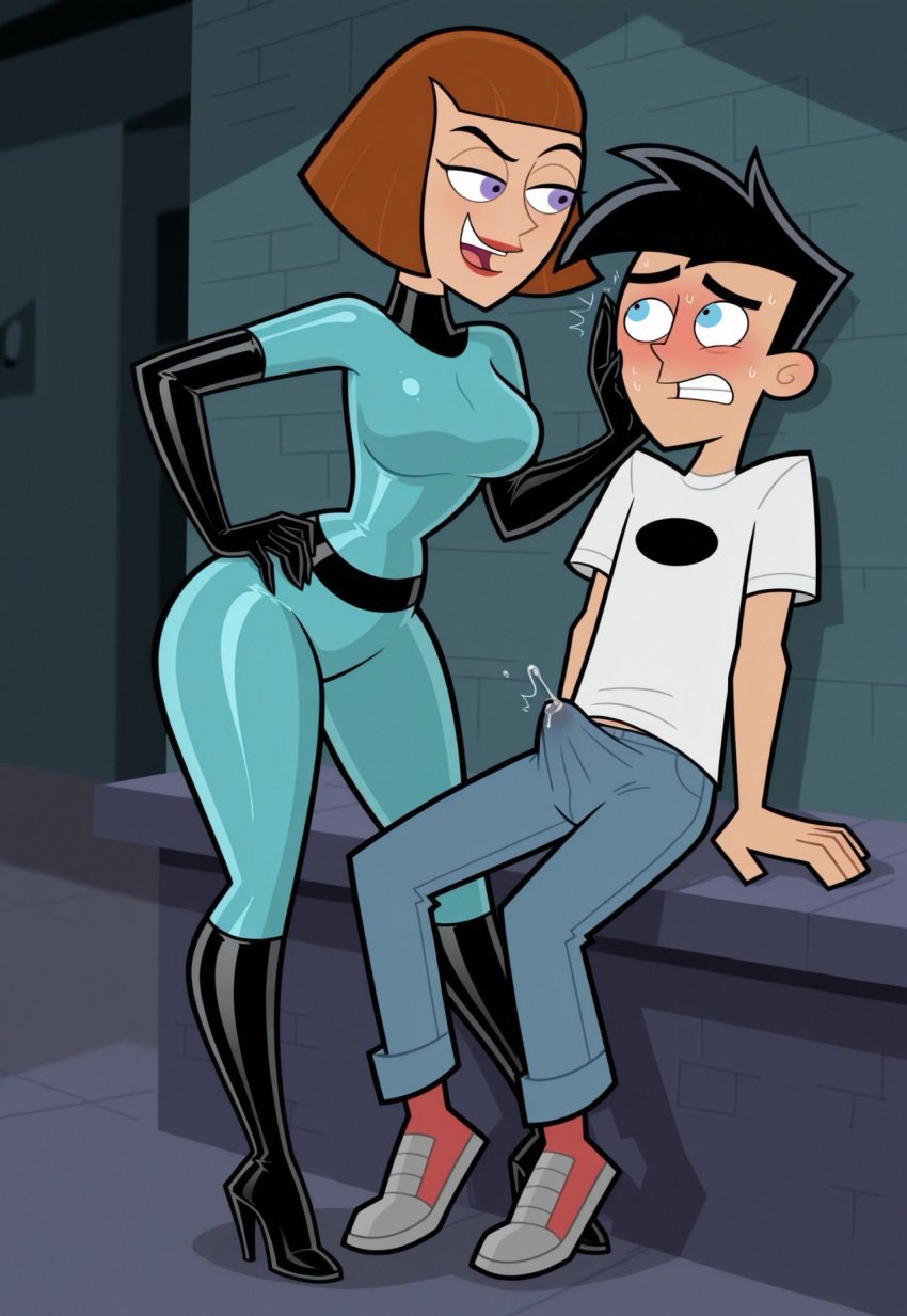 ai_generated bodysuit civitai danny_fenton danny_phantom elbow_gloves erection erection_under_clothes gloves imminent_incest latex madeline_fenton mother_and_son nickelodeon nicktoons precum self_upload teasing