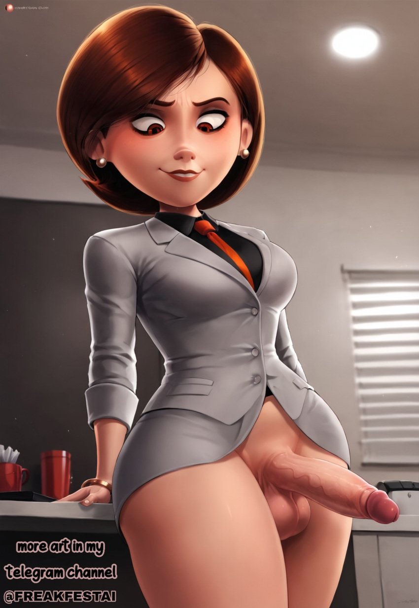 ai_generated balls big_balls big_penis blush bottomless breasts brown_eyes brown_hair cowboy_shot dickgirl elastigirl erection freakfestai from_below futa_only futanari helen_parr leaning looking_down milf office office_lady partially_clothed penis seductive seductive_pose solo solo_dickgirl solo_focus solo_futa suit the_incredibles thick thick_legs thick_thighs topwear wide_hips