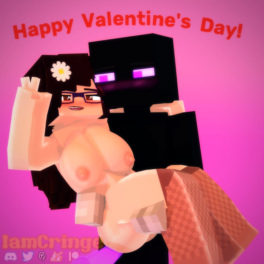 1boy 1boy1girl 1girls 3d blush breasts brown_hair enderman flower_in_hair glasses iamcringe irene_cream_(iamcringe) mine-imator minecraft nude nude_female thighhighs thighs valentine's_day