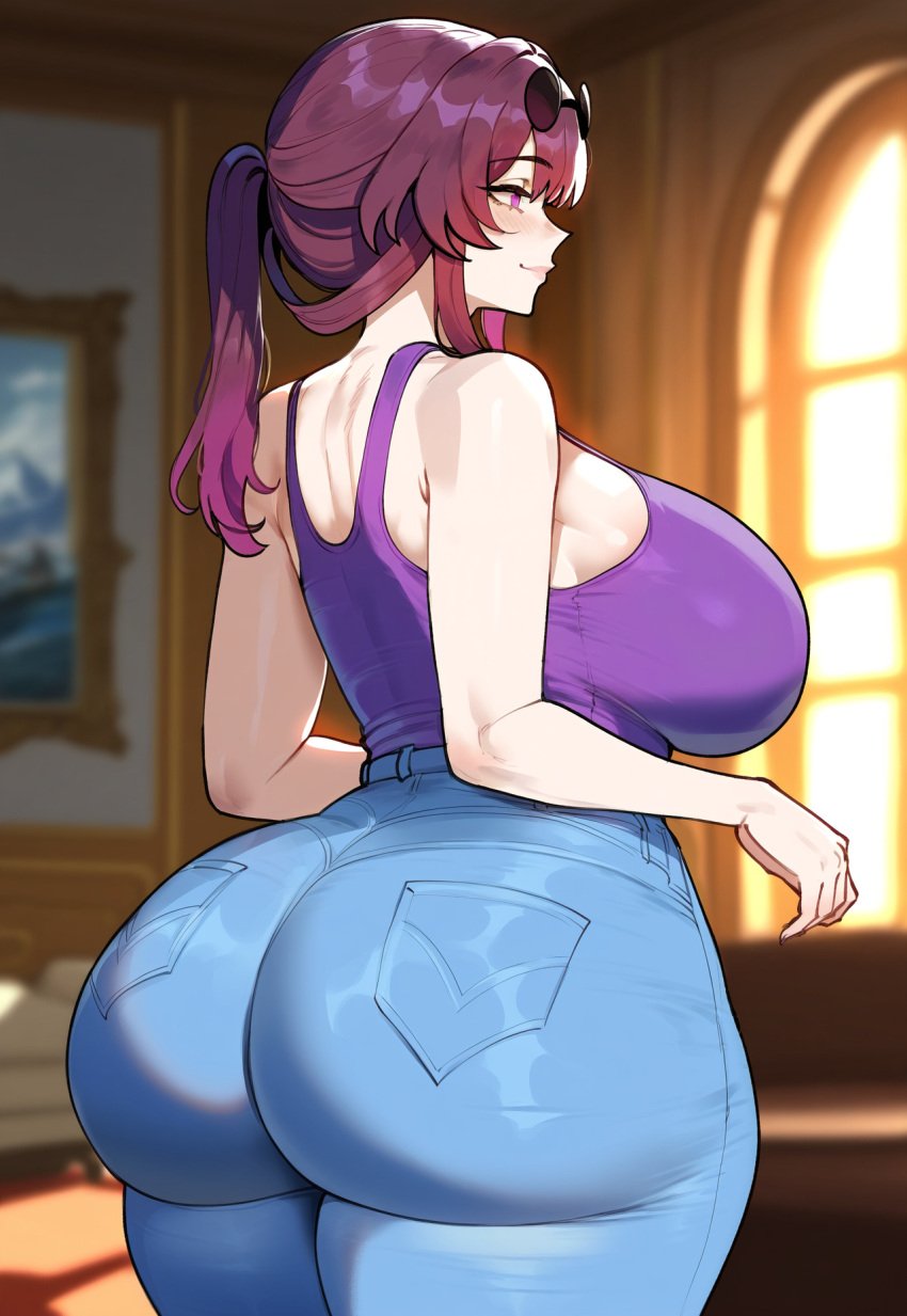 1girls ai_generated ass back_view big_ass big_breasts big_butt breasts creamy_ai curvy dat_ass fat_ass hips hips_wider_than_shoulders huge_ass huge_breasts jeans kafka_(honkai:_star_rail) large_ass large_breasts light-skinned_female looking_away milf purple_hair smile tank_top thick_thighs thighs voluptuous wide_hips