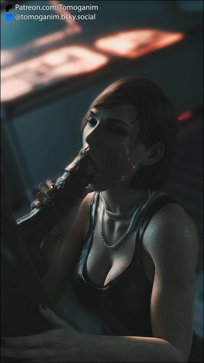 1boy 1girls 3d bioware blowjob blowjob_face closed_eyes dark-skinned_male dark_skin female femshep indoors interracial light-skinned_female light_skin male mass_effect oral oral_sex renegade_shepard scar scar_on_face sucking sucking_penis tomoganim veiny veiny_penis