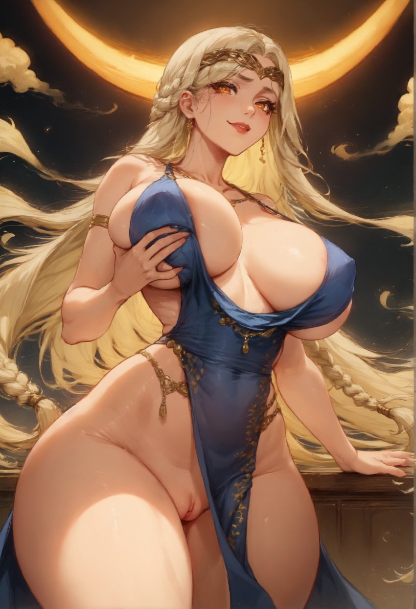 absurd_res ai_generated areola_slip armlet bangs bare_shoulders blonde_hair blue_dress blush braid breasts cleavage collarbone covered_navel covered_nipples dress earrings elden_ring female highres huge_breasts jewelry large_breasts lips long_hair looking_at_viewer moon necklace neewai no_panties orange_eyes parted_lips pelvic_curtain pussy queen_marika_the_eternal side_slit smile solo stable_diffusion thick_thighs thighs uncensored very_long_hair yellow_eyes