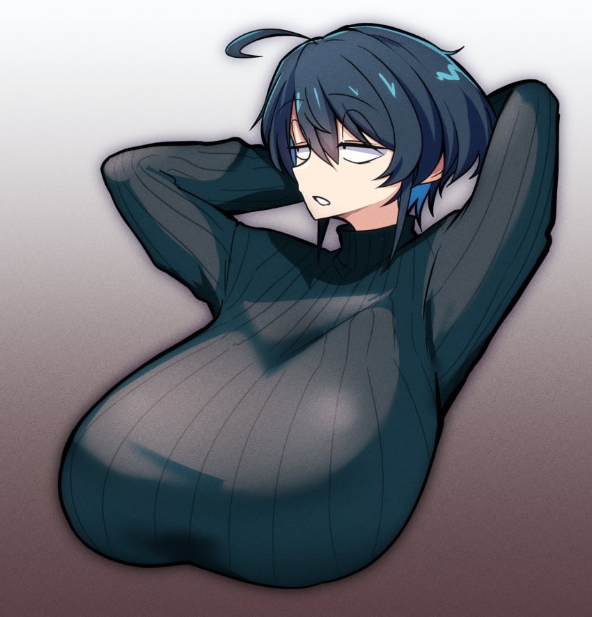 1girls 30th_video_rentals ahoge antenna_hair arms_behind_head big_breasts black_hair black_sweater blue_hair_on_black_hair breast_focus breasts_bigger_than_head enormous_breasts gigantic_breasts hands_behind_head huge_breasts indie_virtual_youtuber kataochi_chuuko kataoti_30 large_breasts looking_away nakako_kataochi short_hair simple_background soles sweater top_heavy turtleneck_sweater upper_body virtual_youtuber vtuber