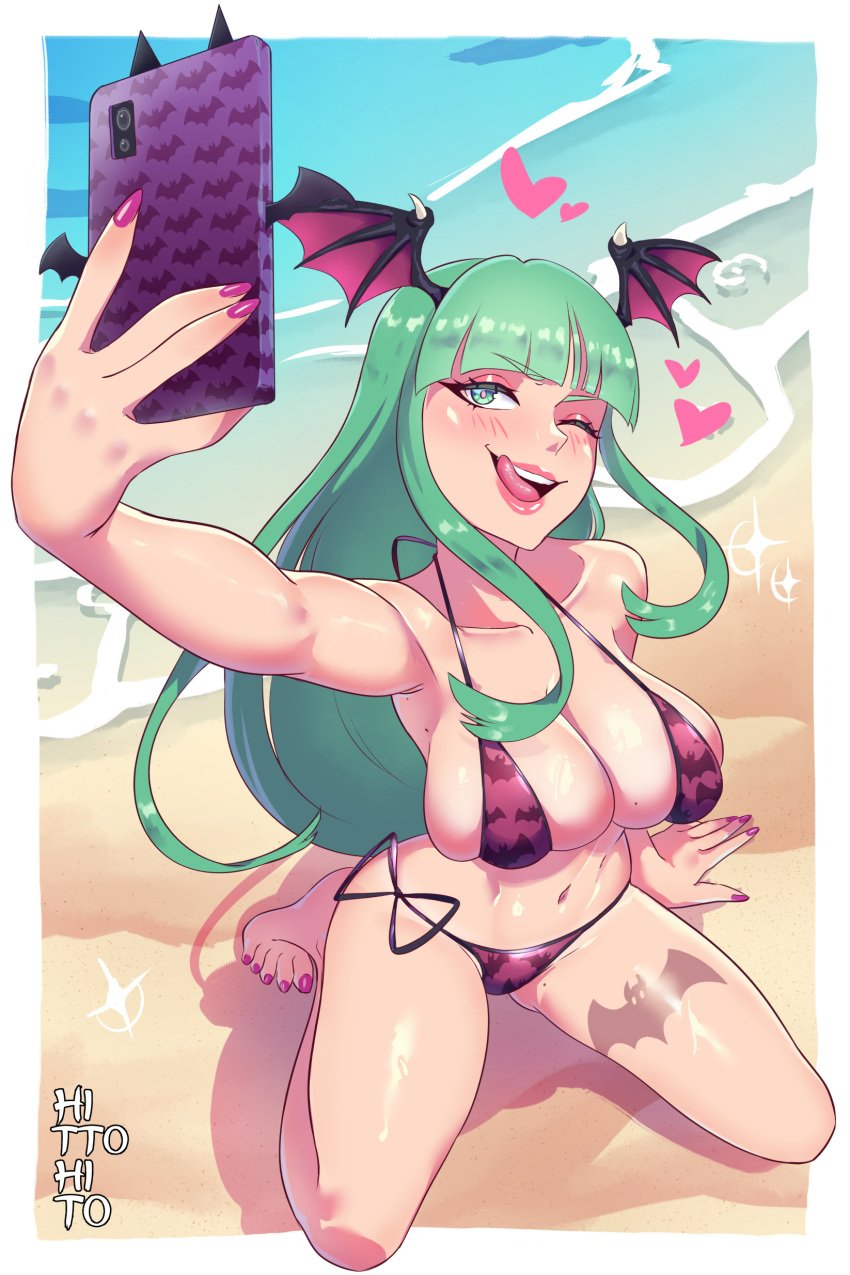 1girls big_breasts bikini breasts darkstalkers female female_only green_eyes green_hair head_wings hito_clover large_breasts morrigan_aensland phone selfie swimsuit