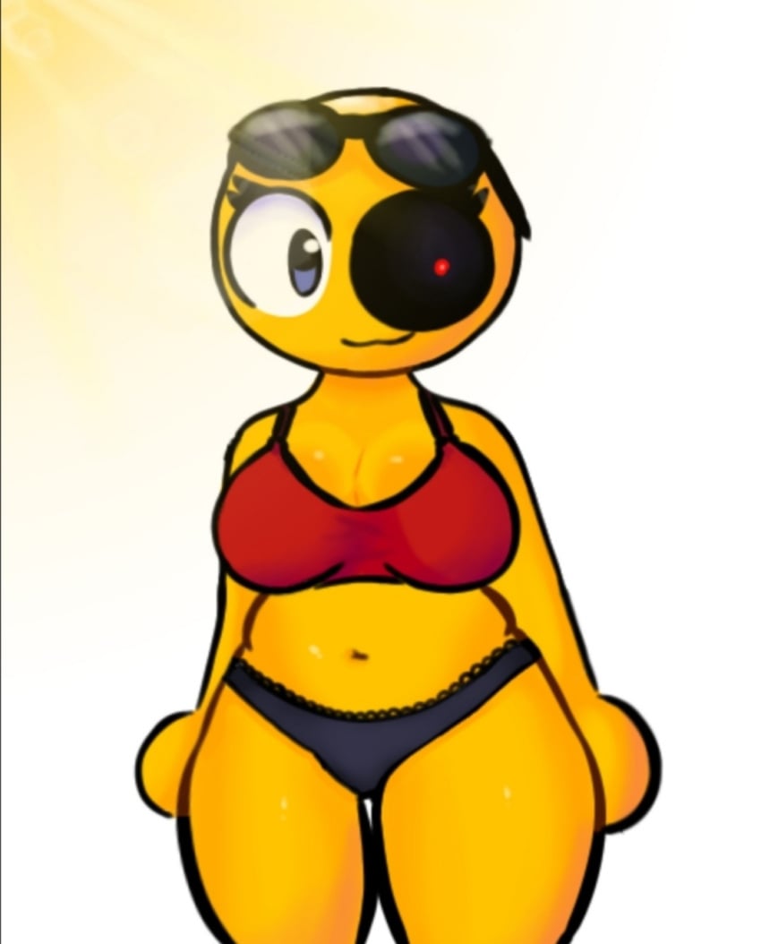 1girls :3 bald_female bastixtroller123 big_breasts big_eyes black_underwear eyewear_on_head female red_bra sunglasses underwear yellow_body yellow_skin