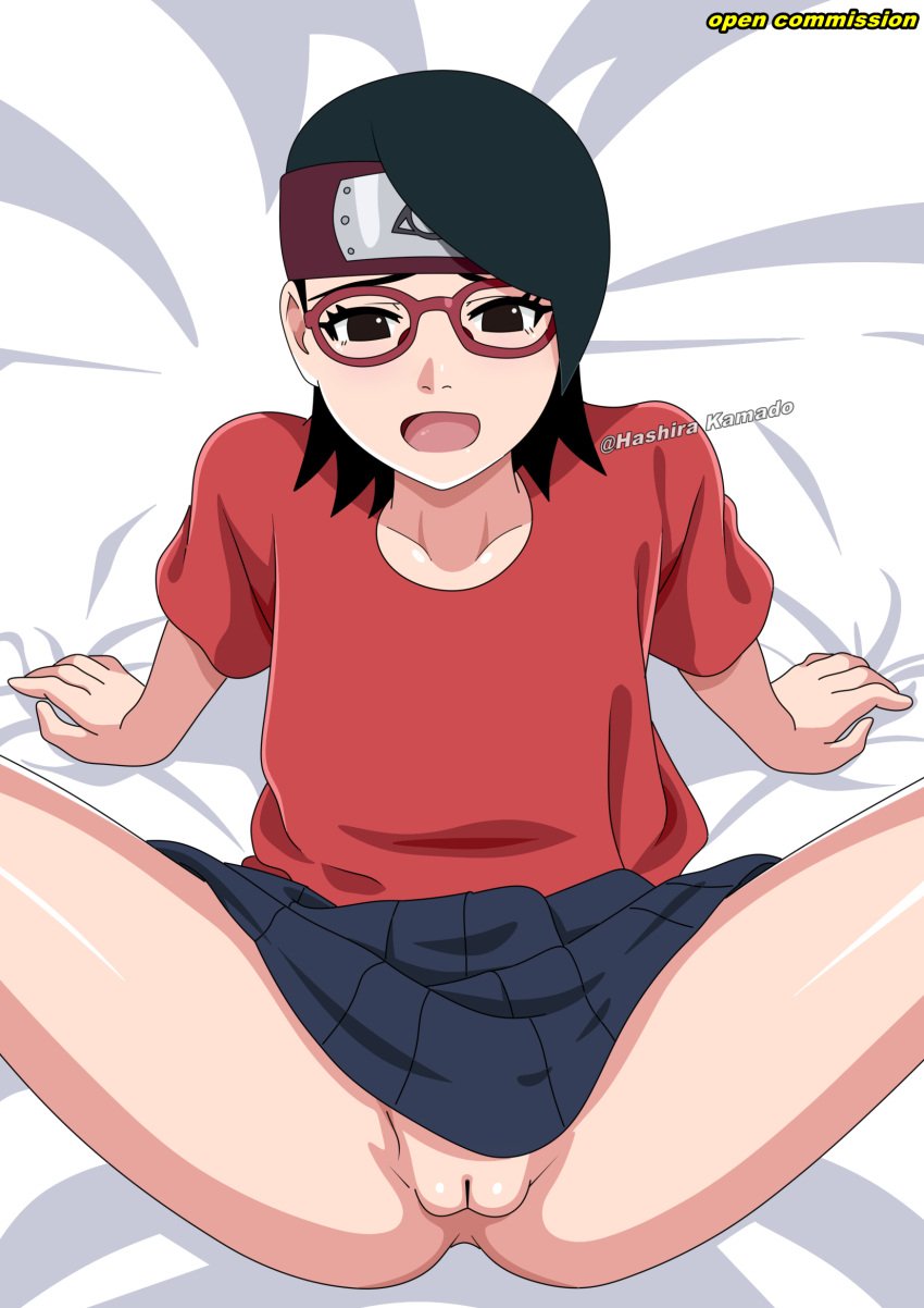 black_hair boruto:_naruto_next_generations female glasses legs_apart missionary naruto naruto_(series) nude pussy sarada_uchiha sex_invitation sexually_suggestive short_hair solo uchiha_sarada uncensored