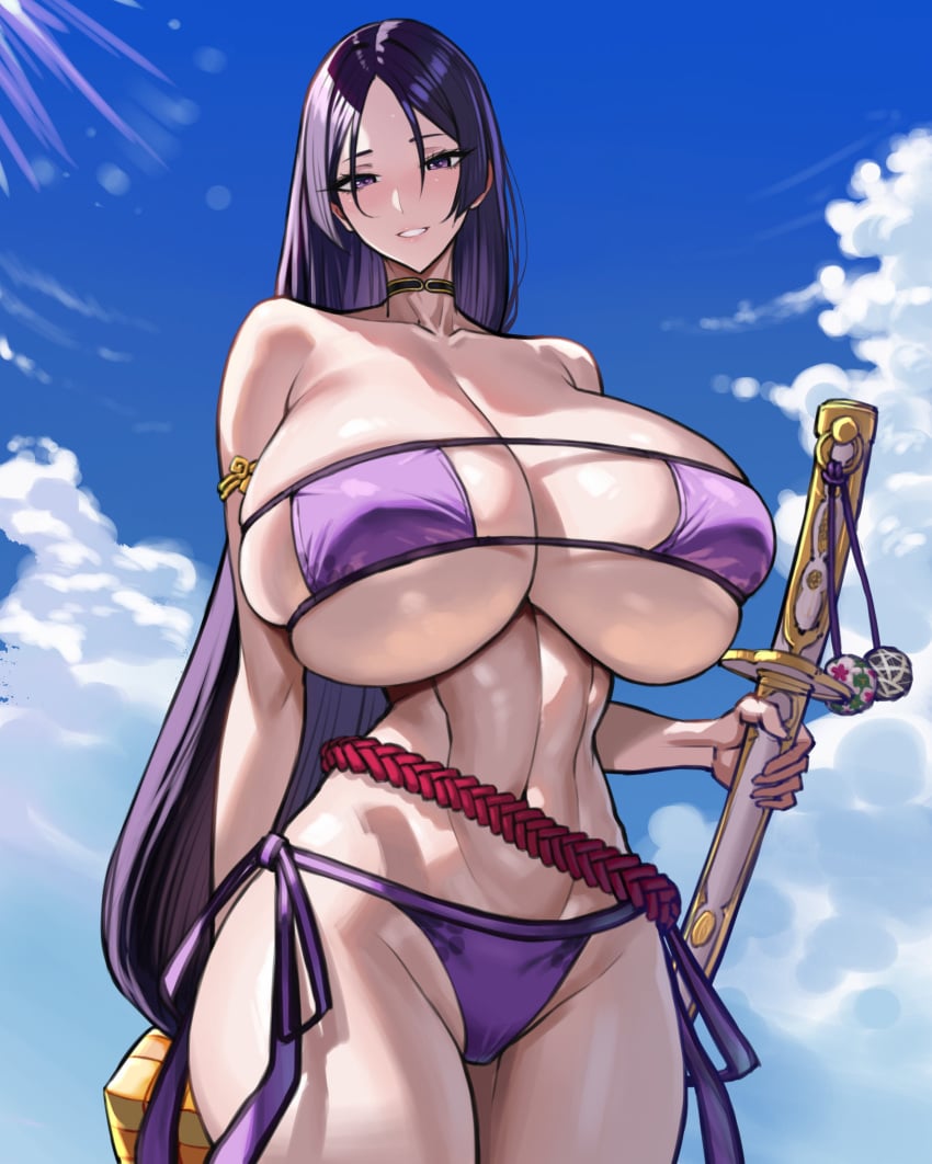 1girls ass beach big_ass big_breasts big_thighs blush blushing_at_viewer breasts butt curvaceous curvy curvy_female fate/grand_order fate_(series) female female_focus female_only gigantic_ass gigantic_breasts gigantic_thighs hi_res highres huge_ass huge_thighs large_breasts long_hair looking_at_viewer milf minamoto_no_raikou_(fate) minamoto_no_raikou_(fate/grand_order) minamoto_no_raikou_(swimsuit_lancer) mommy navel outdoors outside purple_eyes purple_hair slim_waist smile smiling smiling_at_viewer solo solo_female solo_focus sword tall tan_body tan_skin tanned tanned_female tanned_skin thick_thighs thighs very_long_hair voluptuous voluptuous_female wide_hips wolffeld_price