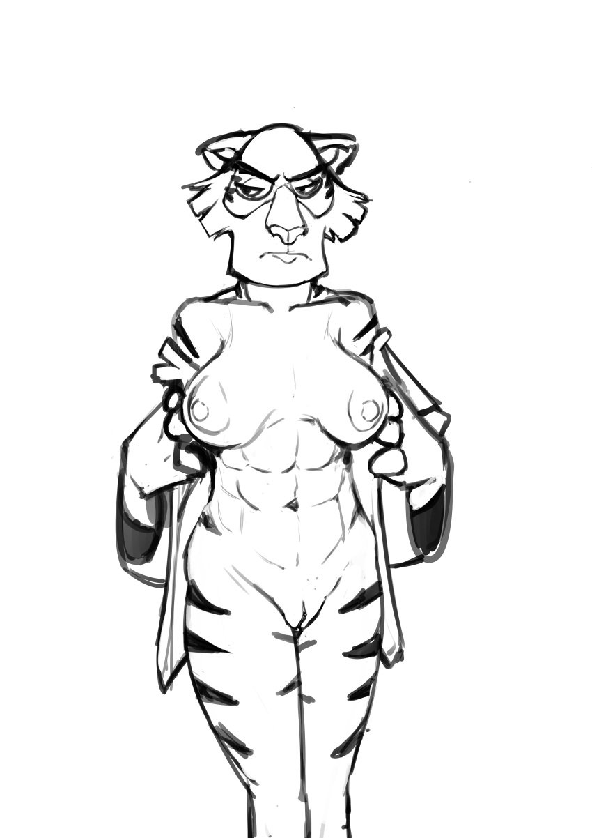 2025 absurd_res anthro bengal_tiger black_and_white breasts clothing disney felid female fur genitals hi_res humanoid_genitalia humanoid_pussy mammal medium_breasts monochrome mtf_crossgender muscular muscular_female nipples pantherine pussy rule_63 shere_khan simple_background solo standing striped_body striped_fur stripes talespin tiger undressing white_background zambs