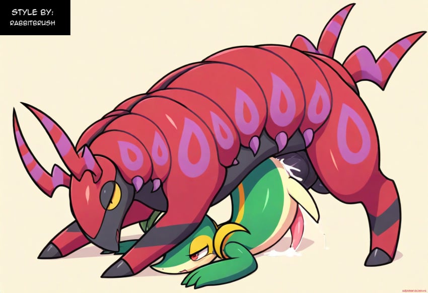 ai_generated ambiguous_gender arthropod big_penis blush bodily_fluids duo female feral generation_5_pokemon genitals hellsonger hi_res male multi_leg myriapod nintendo penis pokemon pokemon_(species) saliva scolipede simple_background snivy sweat