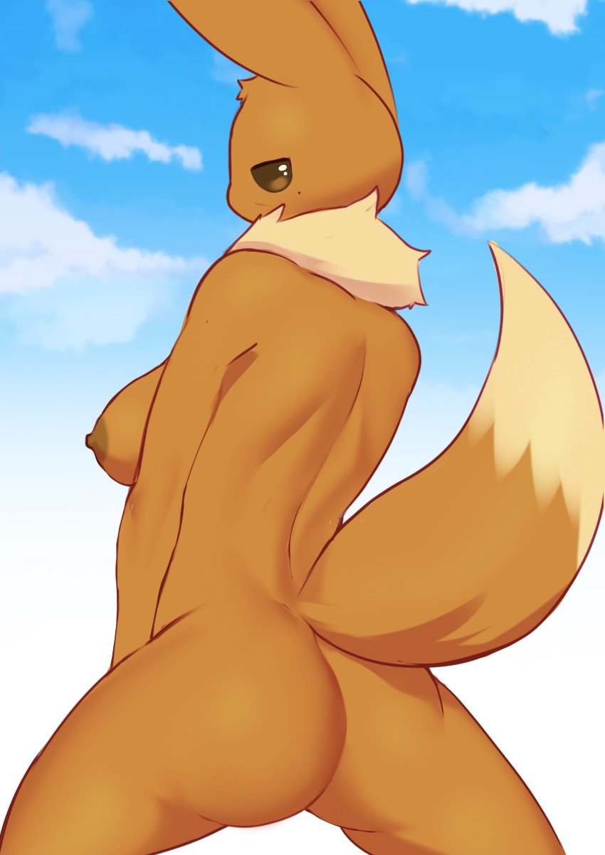 absurd_res anthro anthrofied areola ass bedroom_eyes big_butt breasts brown_areola brown_body brown_eyes brown_fur brown_nipples brown_tail canid dipstick_tail eevee female fur generation_1_pokemon hi_res looking_at_viewer looking_back mammal markings mole_(marking) multicolored_tail narrowed_eyes neck_tuft nintendo nipples nude pokemon pokemon_(species) rear_view seductive simple_background sky solo tail tail_markings tuft umisag85rabb99