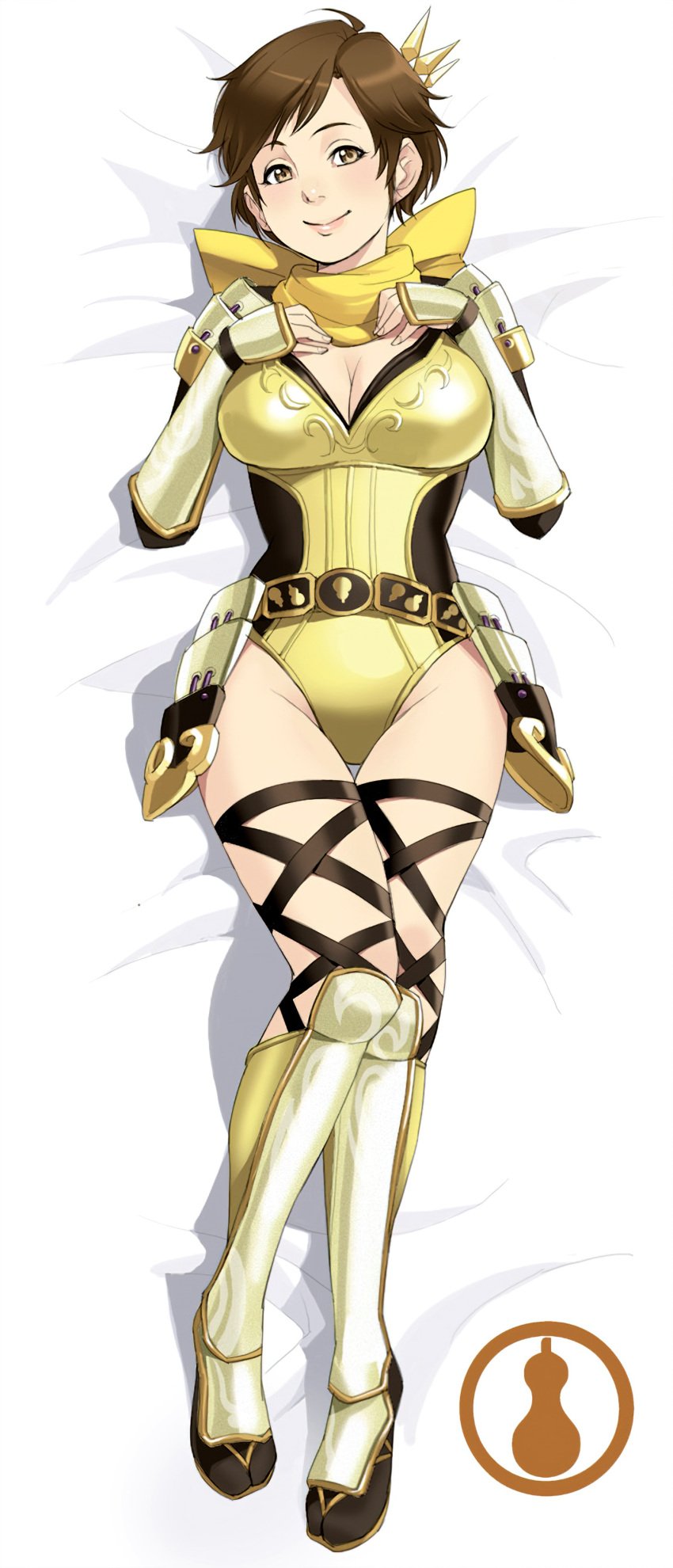 1girls bed blush bodysuit breasts brown_eyes brown_hair cleavage dakimakura large_breasts lips looking_at_viewer maou_alba naughty_face nene_(sengoku_musou) ninja scarf sengoku_musou short_hair thighhighs upscaled voluptuous