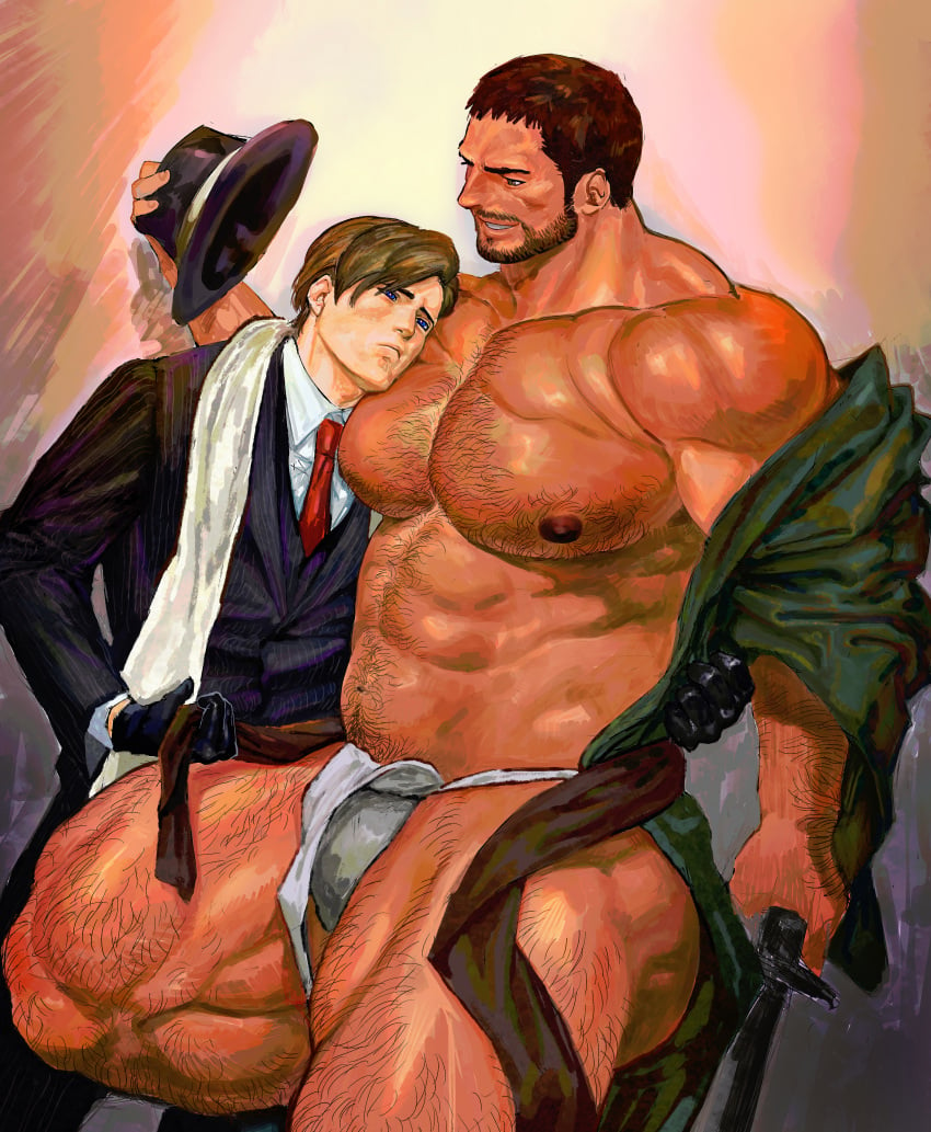 123456dyom 2boys abs bara bare_pectorals black_gloves black_jacket black_pants brown_hair chris_redfield facial_hair fundoshi gay gloves green_kimono hat hi_res highres holding holding_hat jacket japanese_clothes kimono large_pectorals leon_scott_kennedy male male_focus male_only multiple_boys muscular muscular_arms muscular_male muscular_thighs navel nipples pants pecs pectorals resident_evil resident_evil_6 short_hair size_difference smile thick_thighs thighs yaoi