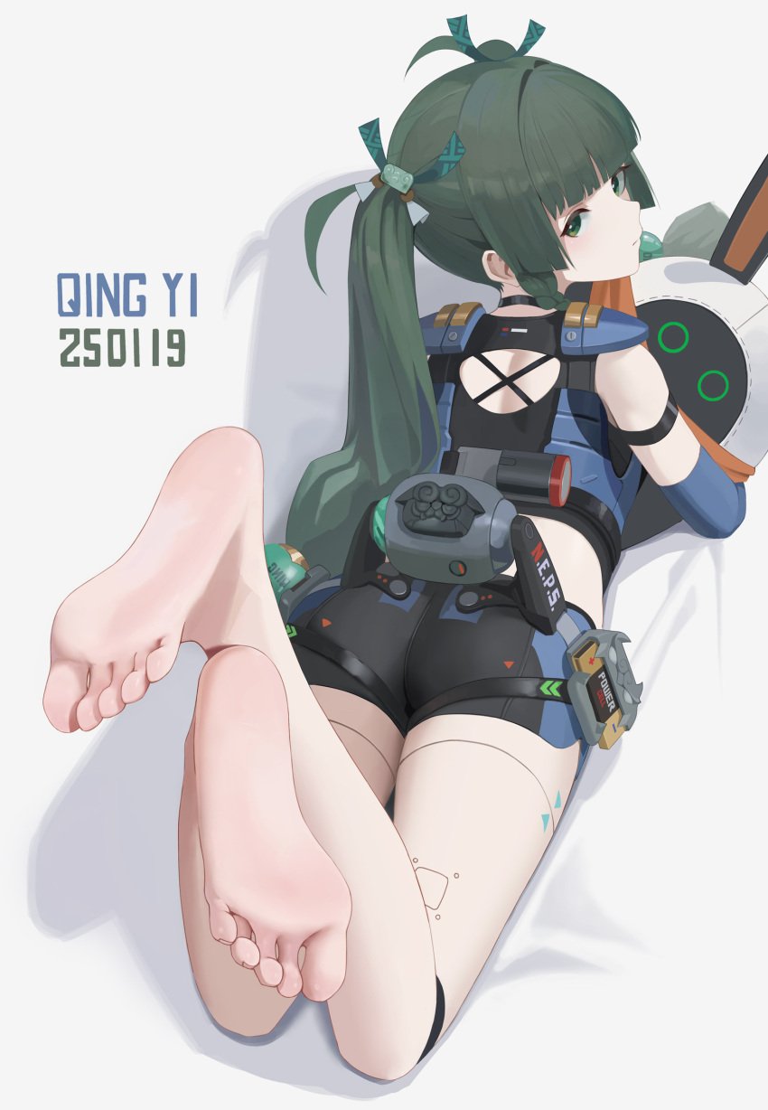 1girls android android_girl ass barefoot dark_green_hair feet feet_focus feet_up female female_only female_solo green_eyes qingyi_(zenless_zone_zero) shorts soles solo solo_female solo_only tagme twintails zenless_zone_zero