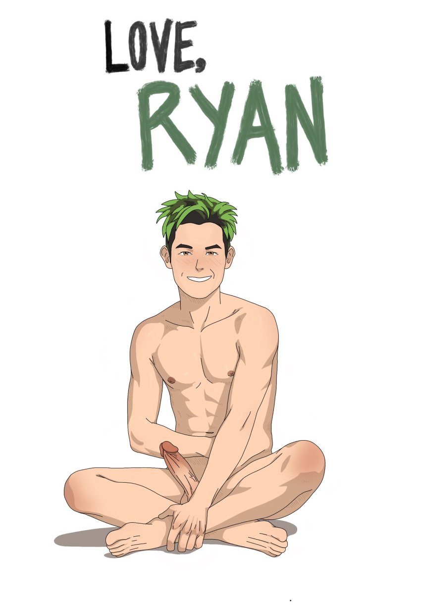 beast_boy beast_boy_(titans) dc erection green_hair himboobie legs_crossed male_focus male_only nude nude_male on_ground ryan_potter smiling titans white_background